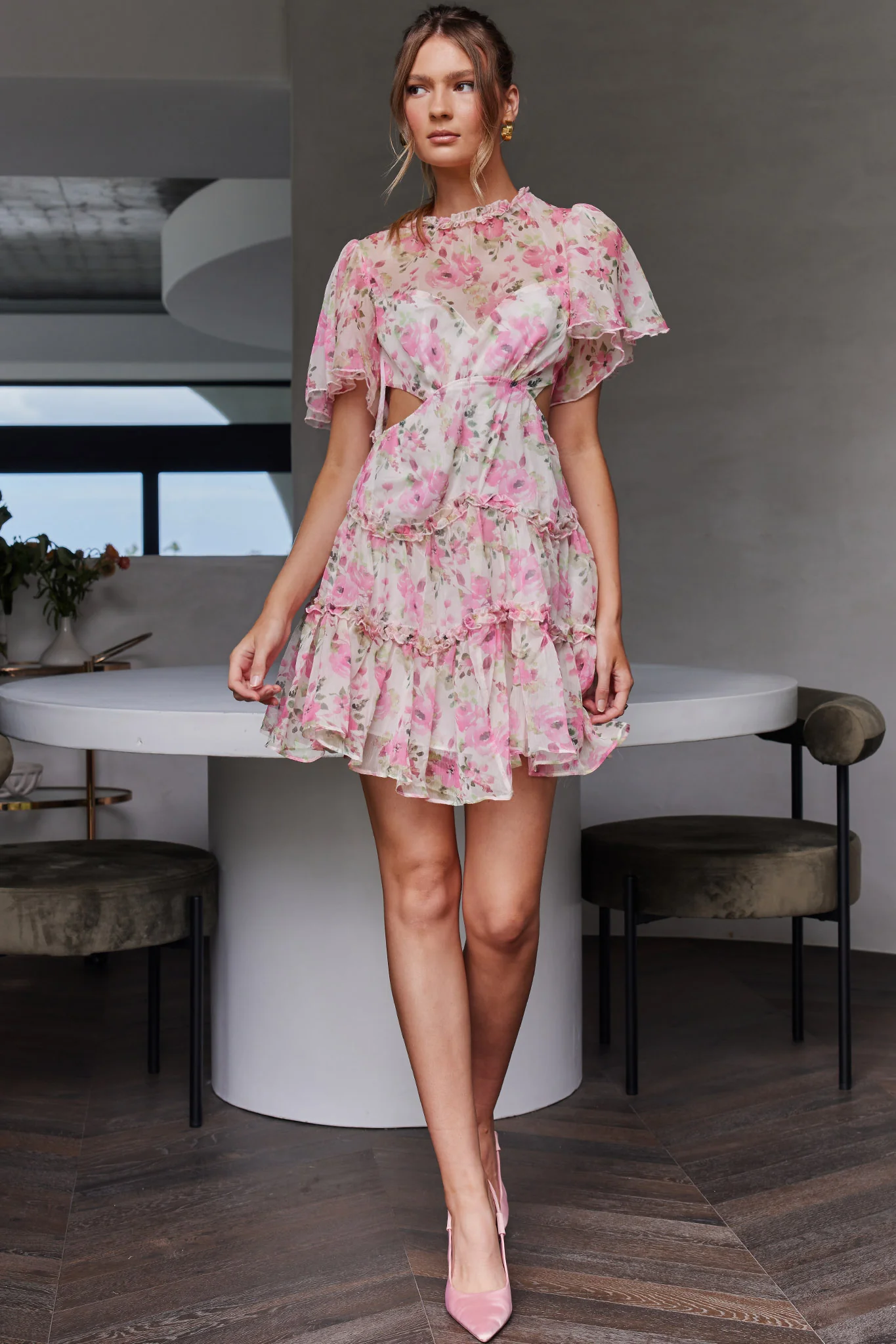 Tres Chic Flutter Sleeve Cut-Out Dress Floral Pink