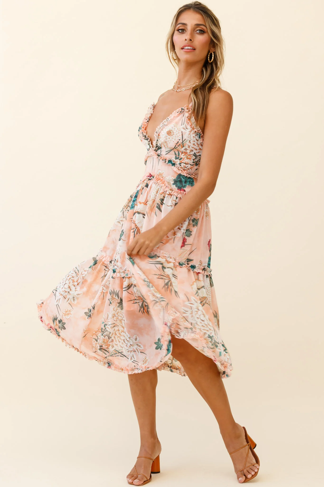 Laney Low Back Cami Strap Midi Dress Botanical Print Orange