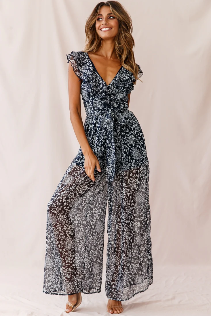 Marcia Ruffle Strap Wide Leg Jumpsuit Navy/White