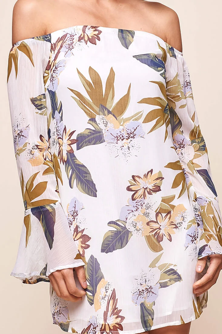 Fernanda Bardot Neckline Floral Print Dress White
