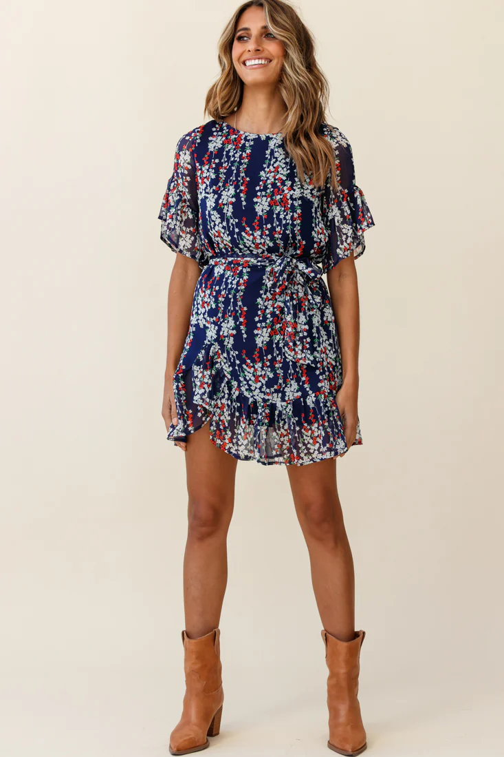 Azealia Ruffle Hem Dress Floral Print Navy