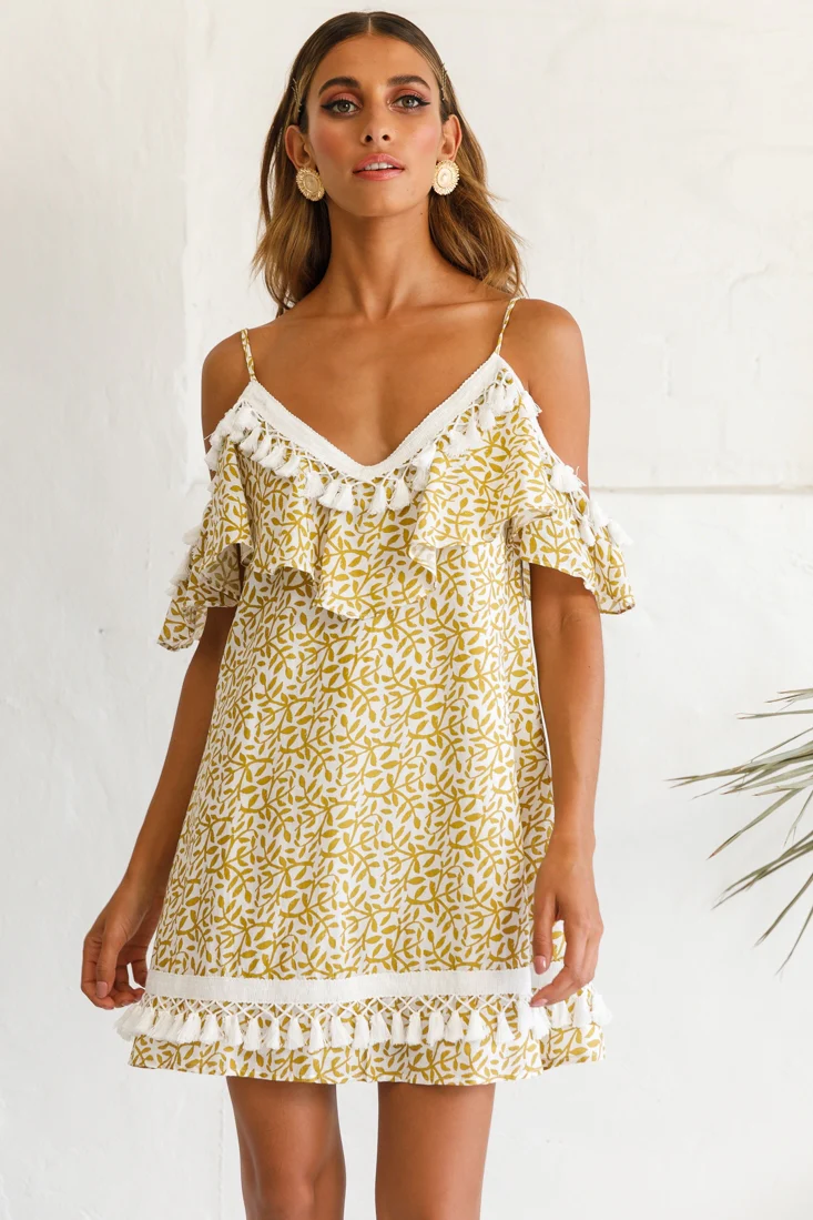 Hayman Cold-Shoulder Tassel Trim Dress Mustard Print