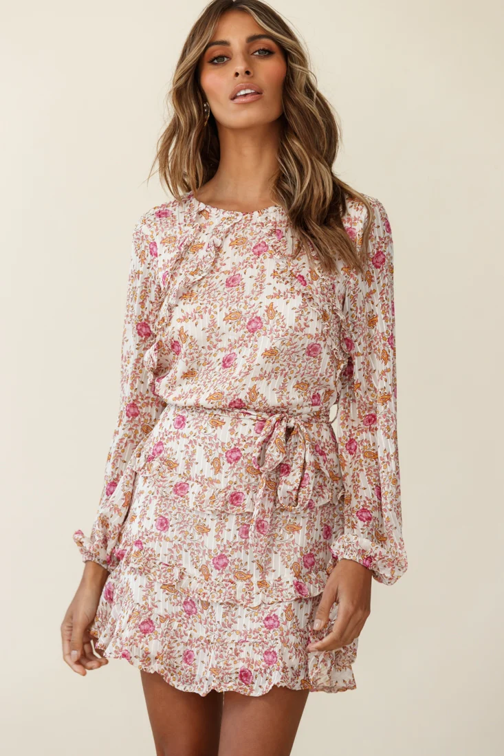 Dusk Long Sleeve Waist Tie Frill Dress Floral Print Beige
