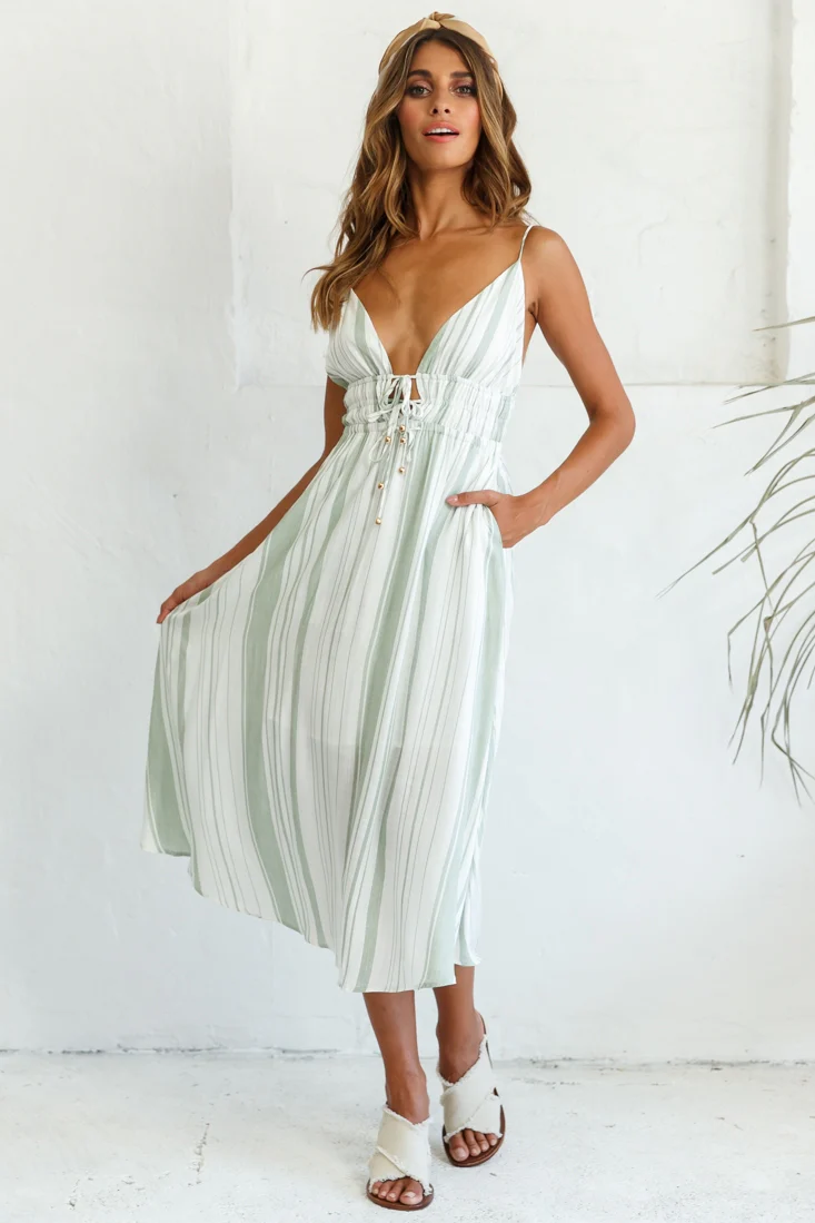 Hosanna Drawstring Detail Pocket Midi Dress Stripe Print Olive