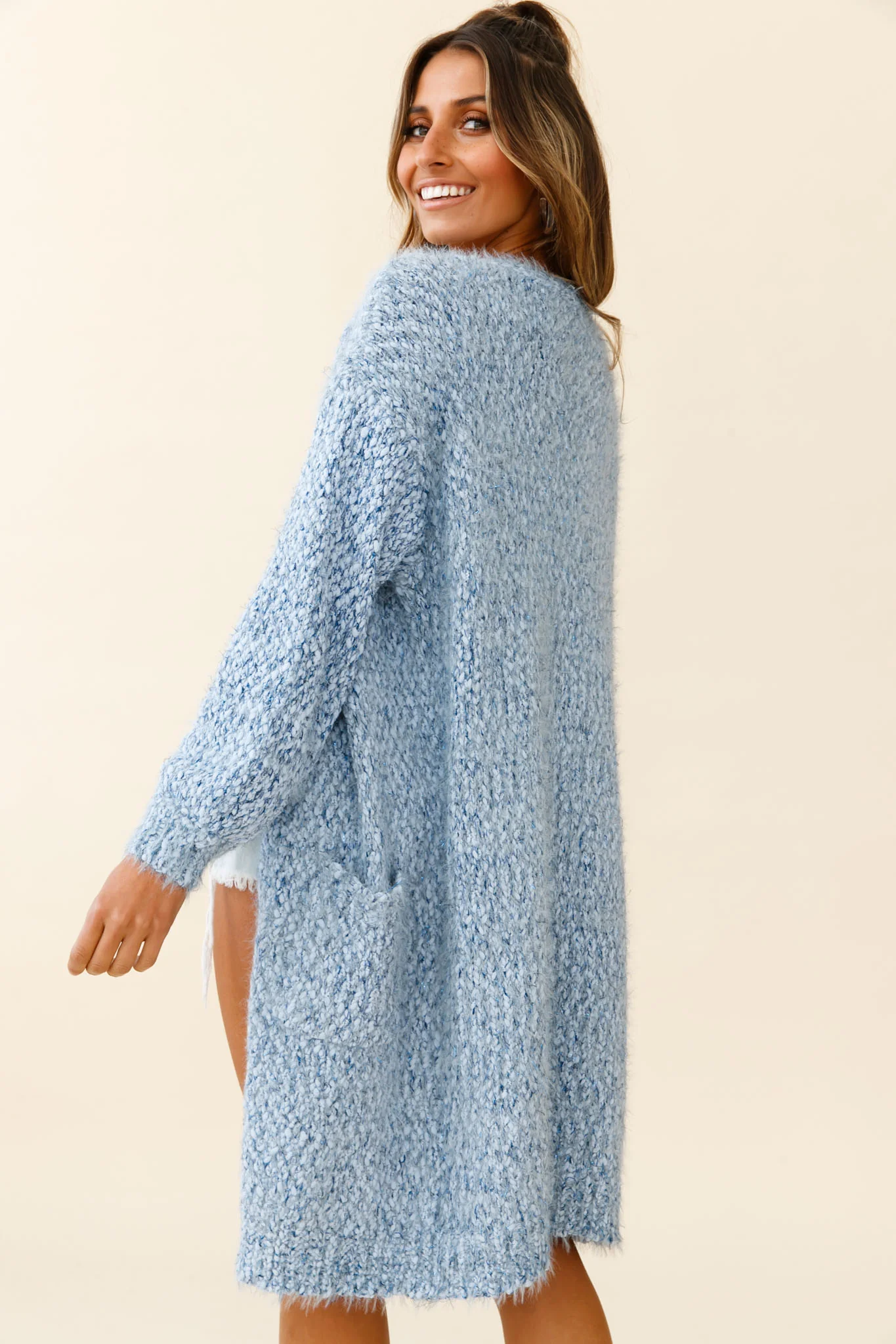 Take It Easy Long Sleeve Chunky Knit Duster Cardigan Blue