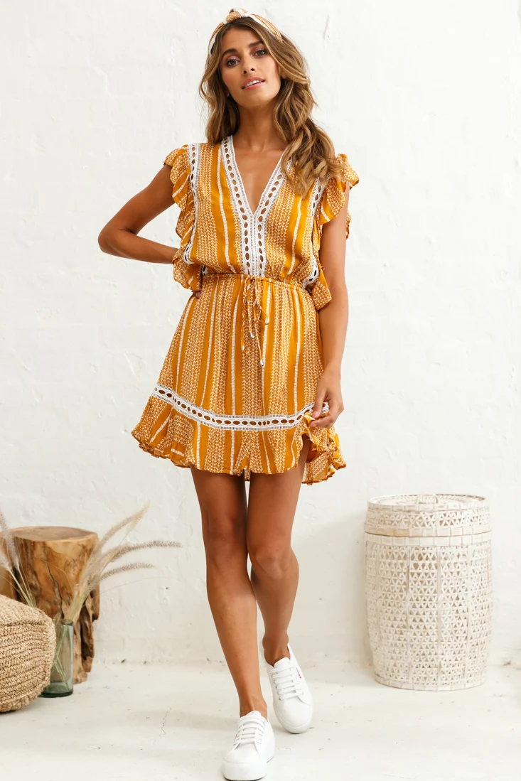 Maranatha Crochet Trim Drawstring Waist Dress Vine Print Mustard