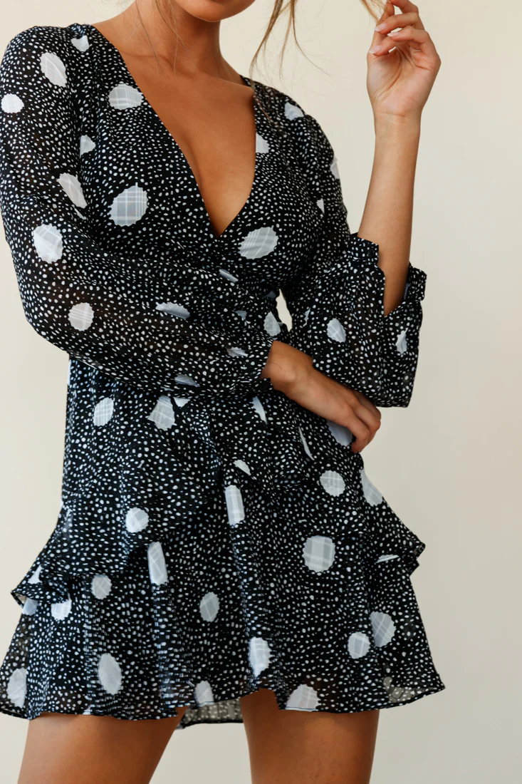 Kerry Layered Balloon Sleeve Dress Spot Print Black
