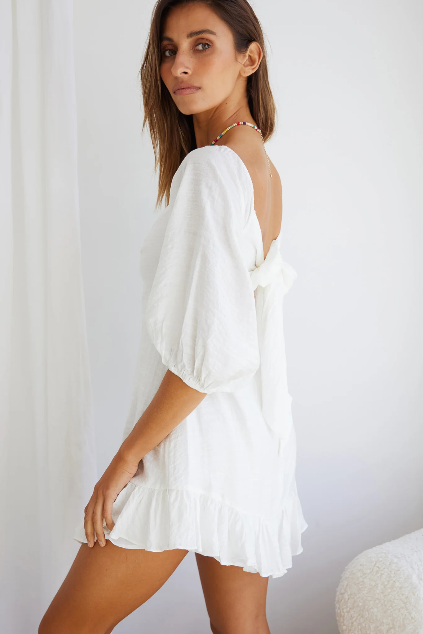 Picture This Three Quarter Sleeve Cut-Out Bust Mini Dress White