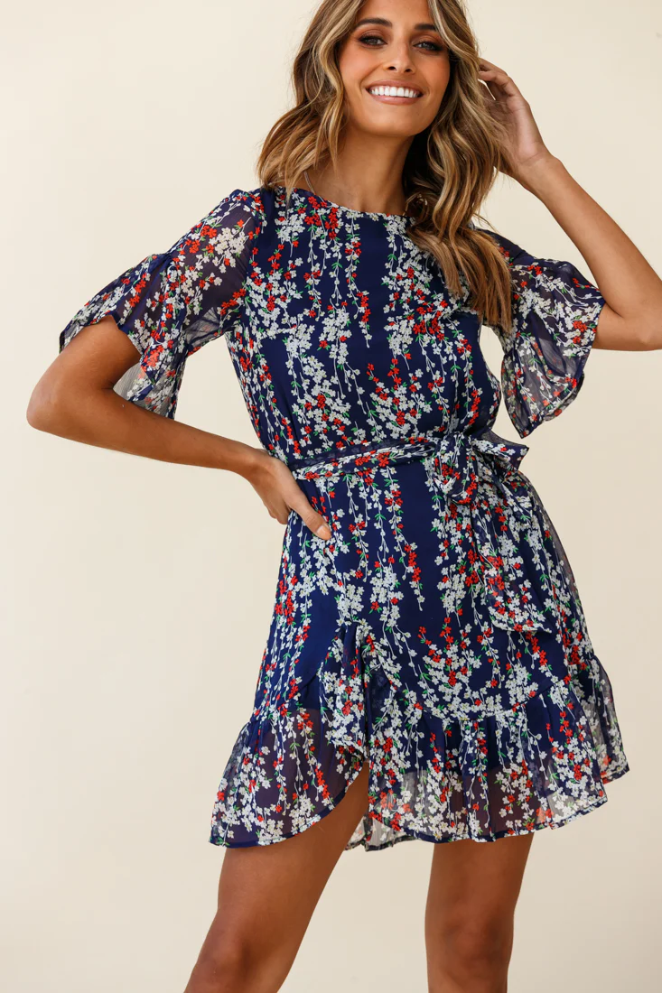Azealia Ruffle Hem Dress Floral Print Navy