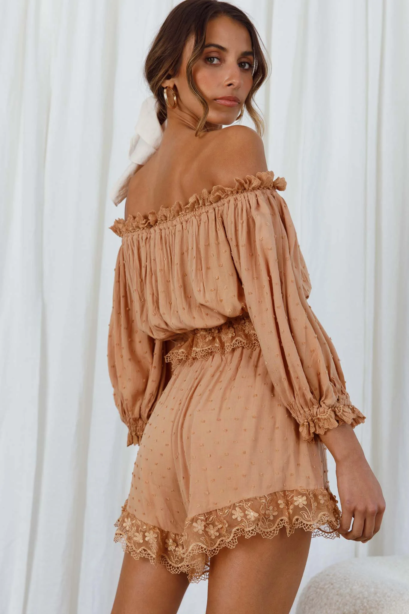 Romilly Scalloped Lace Trim Off-Shoulder Top Tan