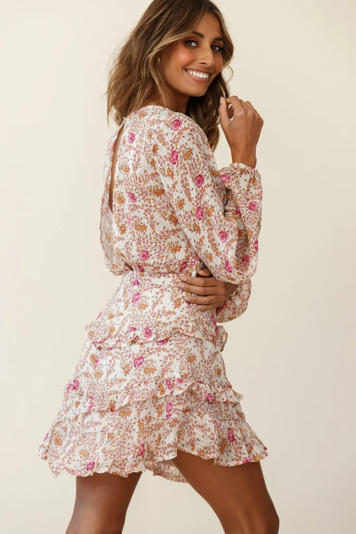 Dusk Long Sleeve Waist Tie Frill Dress Floral Print Beige