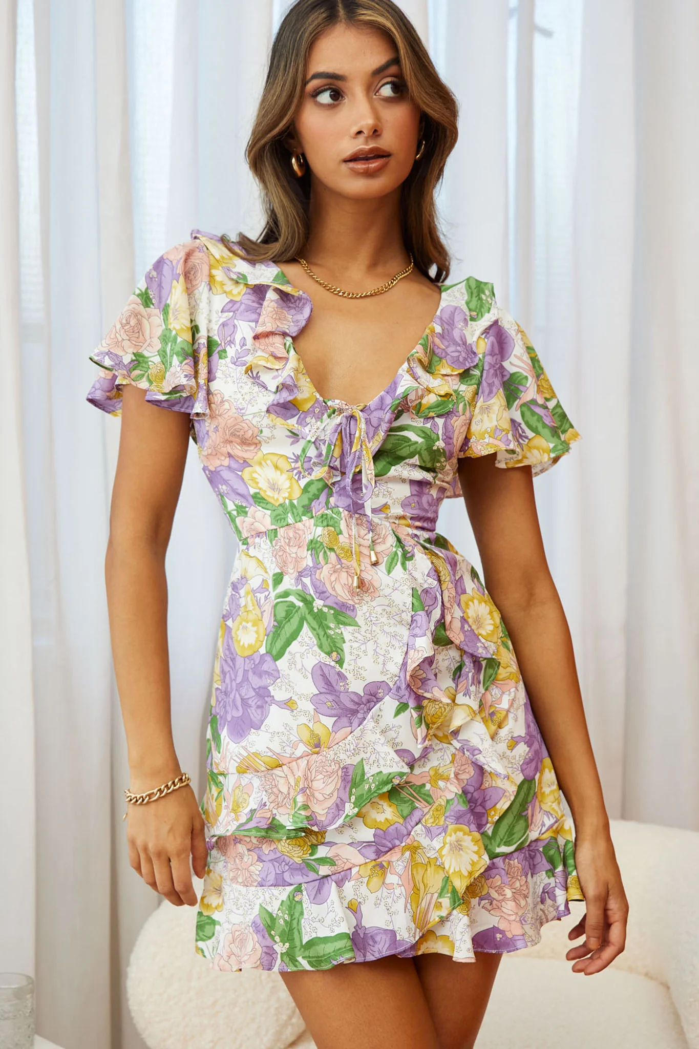 Kalina Ruffle Neckline Flutter Sleeve Mini Dress Floral Print Purple