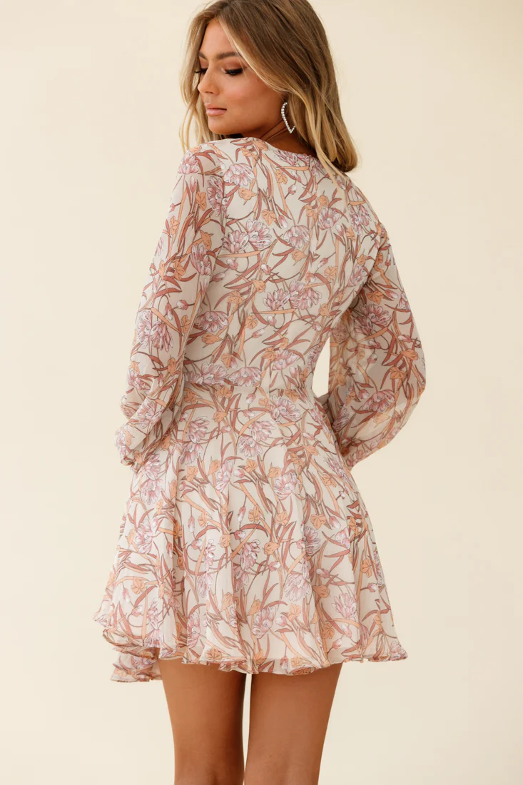 Jessinta Long Sleeve Pintuck Waist Dress Floral Print Nude