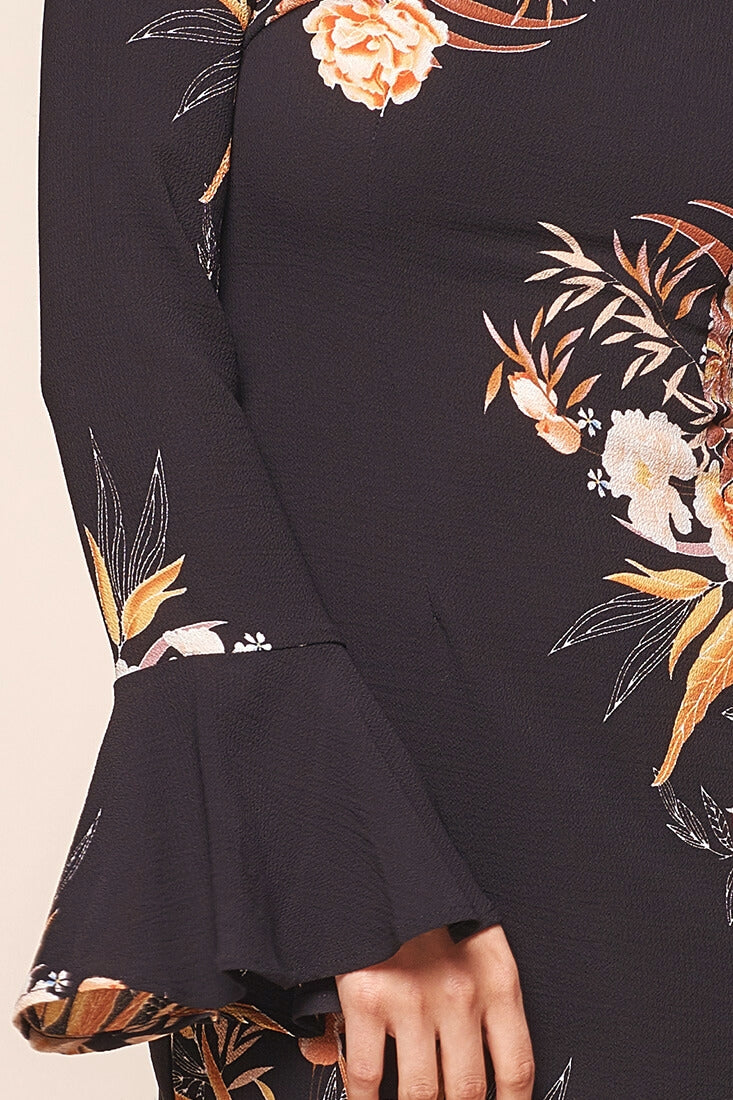 Fernanda Long Sleeved Floral Print Dress Black