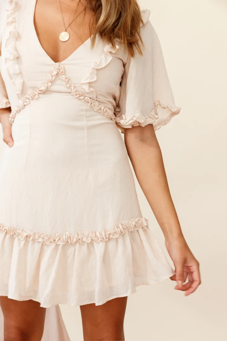 Halo V-Neckline Frill Detail Dress Nude