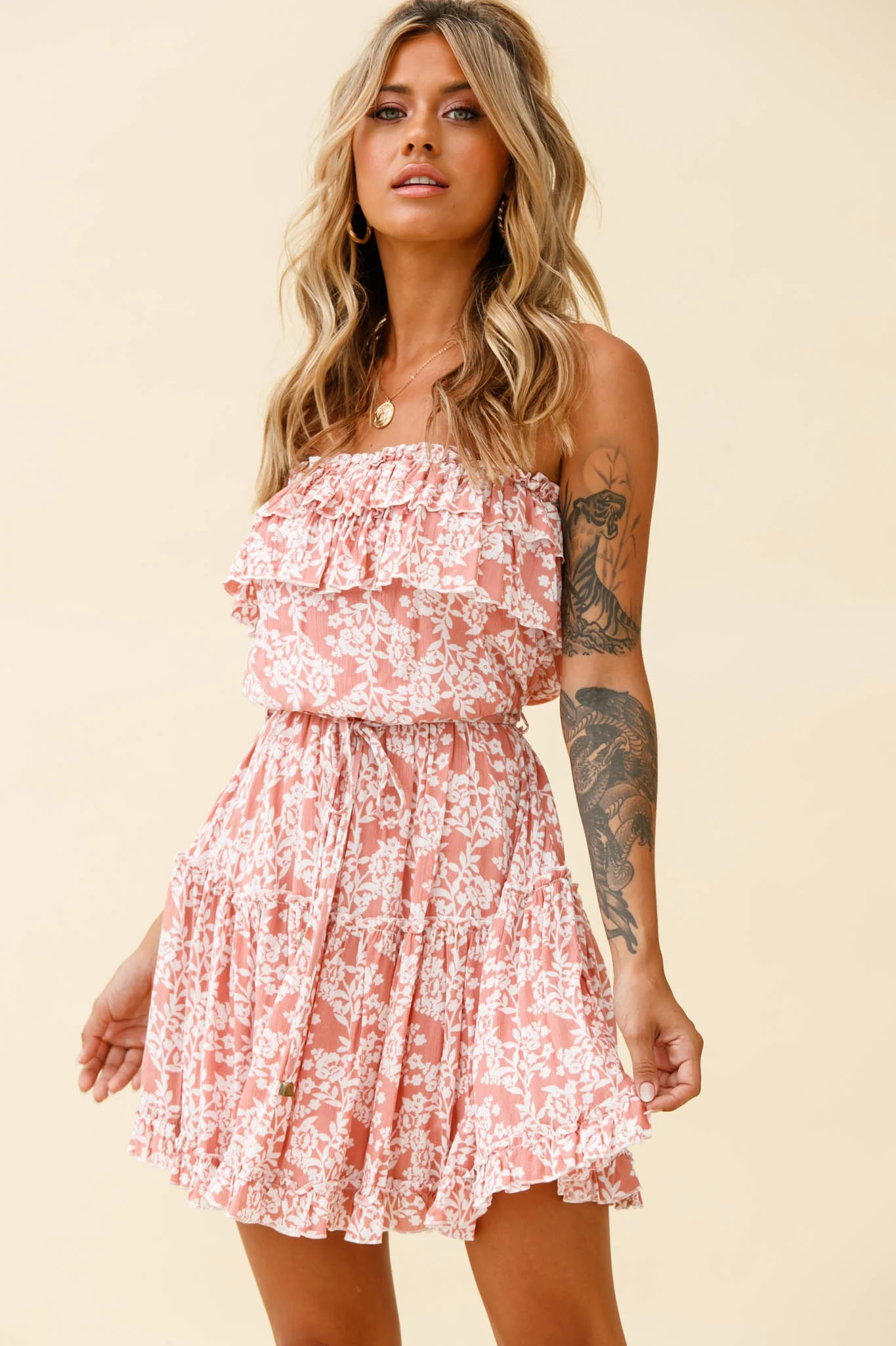 Raquel Strapless Layered Dress Floral Print Blush