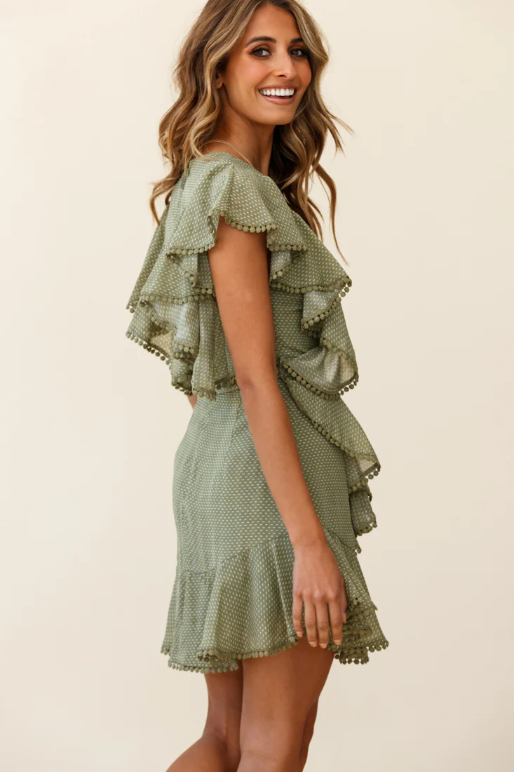 Deandra Ruffle Insert Waist Tie Dress Dash Pattern Olive
