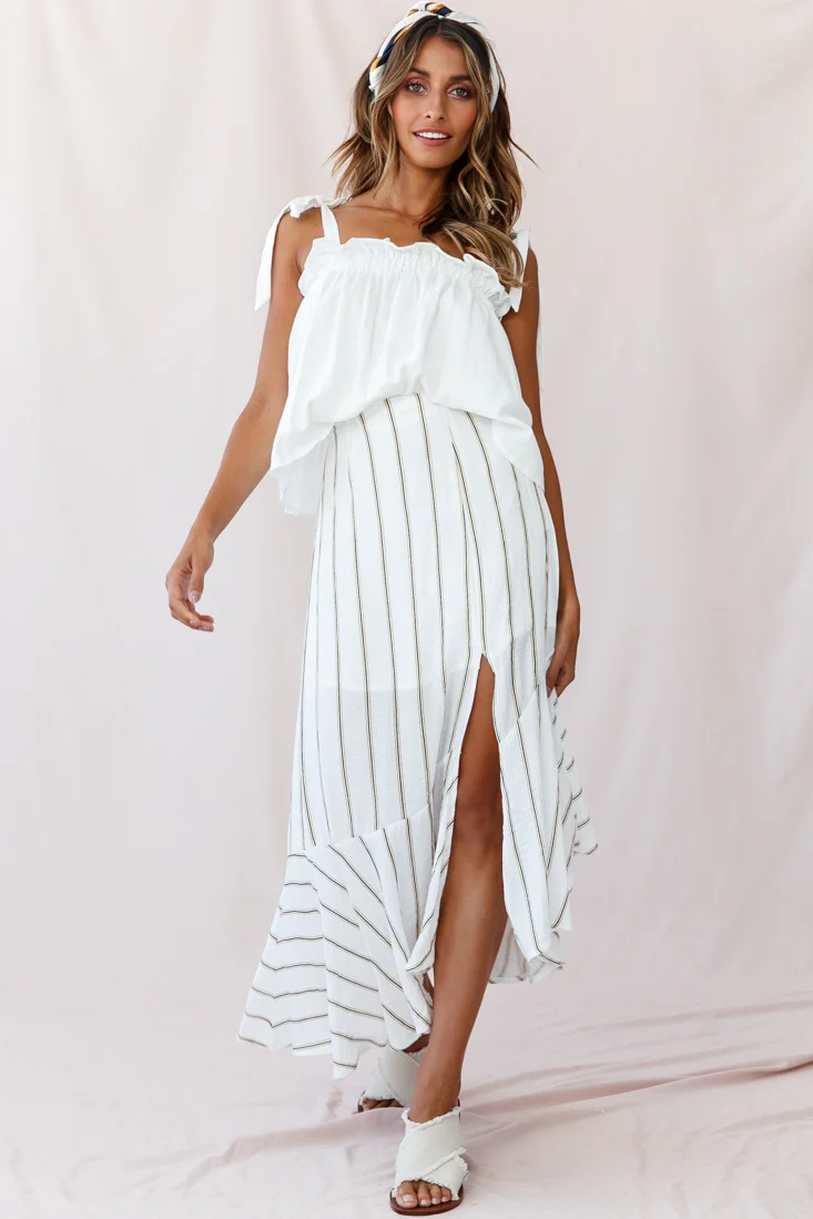 Friday Front Split Maxi Skirt Stripe Print Mustard/Navy