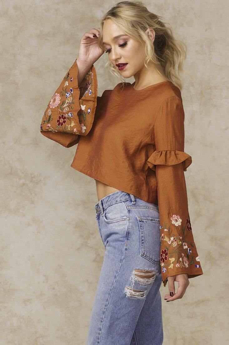 Normani Floral Bell Sleeved Crop Top Orange