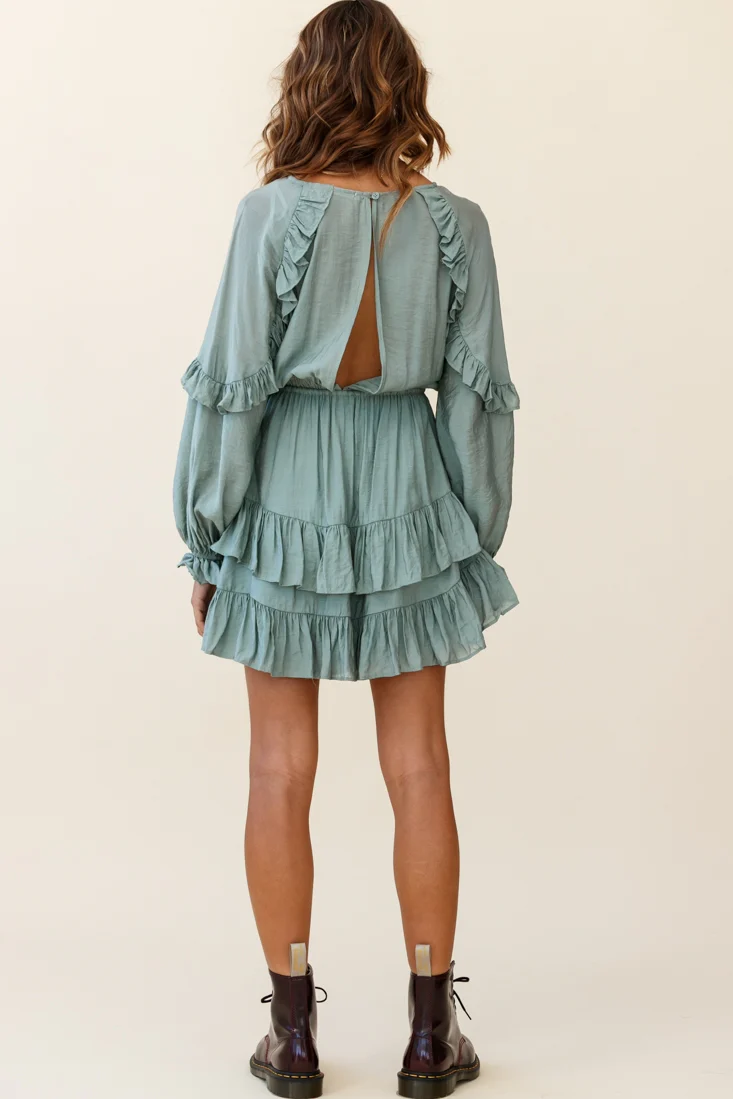 Best Wishes Long Sleeve Frill Detail Dress Olive