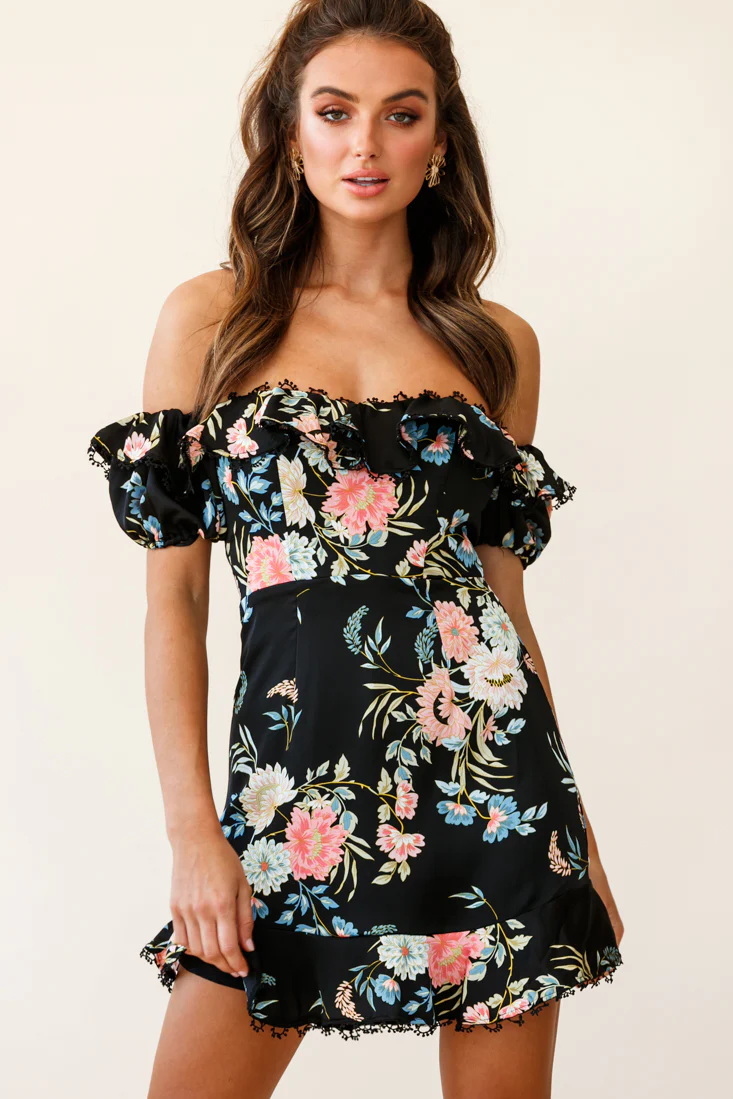 Bobby Bardot Neckline Puff Sleeve Dress Black