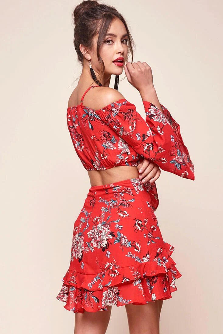 Bellisario Floral Cropped Caribbean Top Red