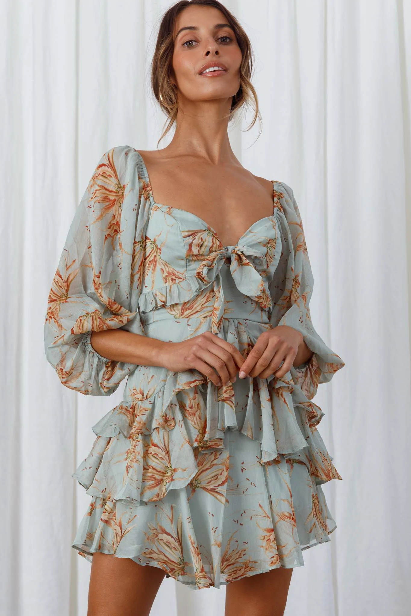 Flower Child Three Quarter Sleeve Bust Tie Ruffle Dress Lily Print Pistachio