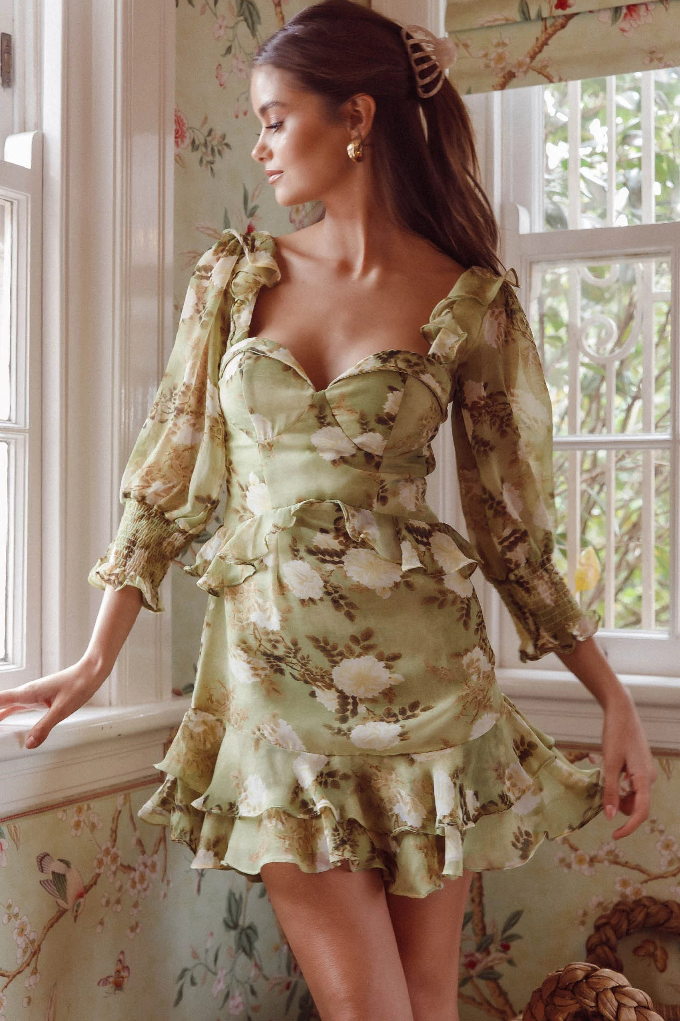 Desiree 3/4 Sleeve Sweetheart Neckline Frill Dress Floral Green