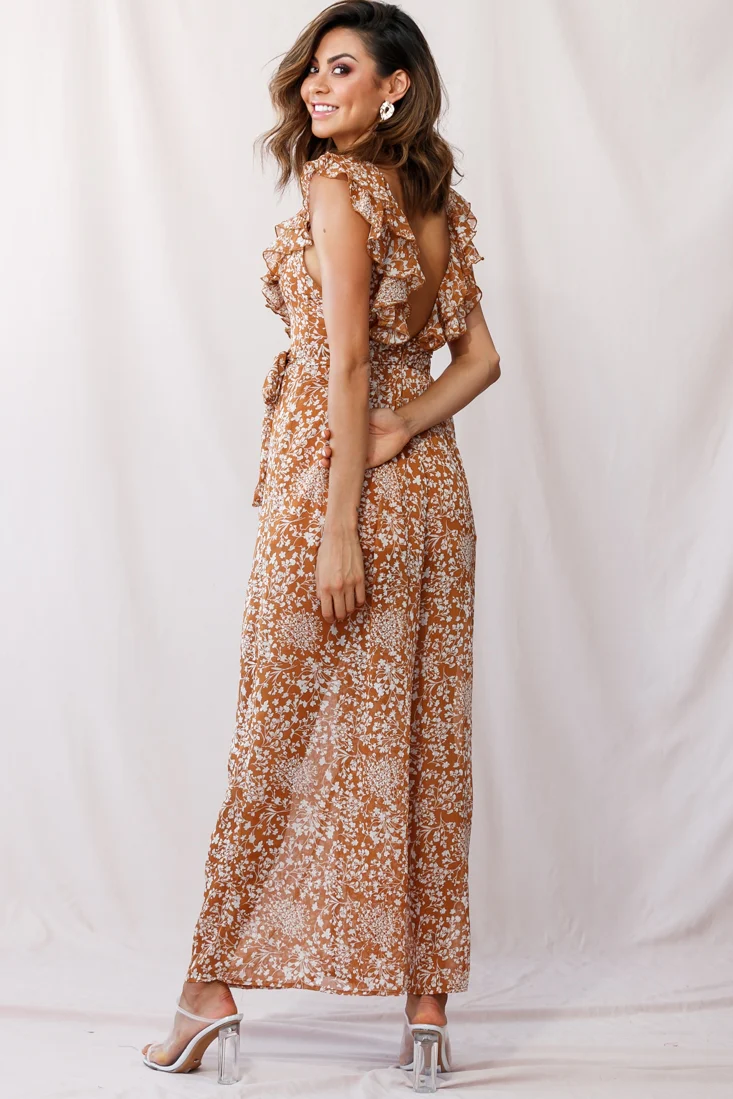 Marcia Ruffle Strap Wide Leg Jumpsuit Tan