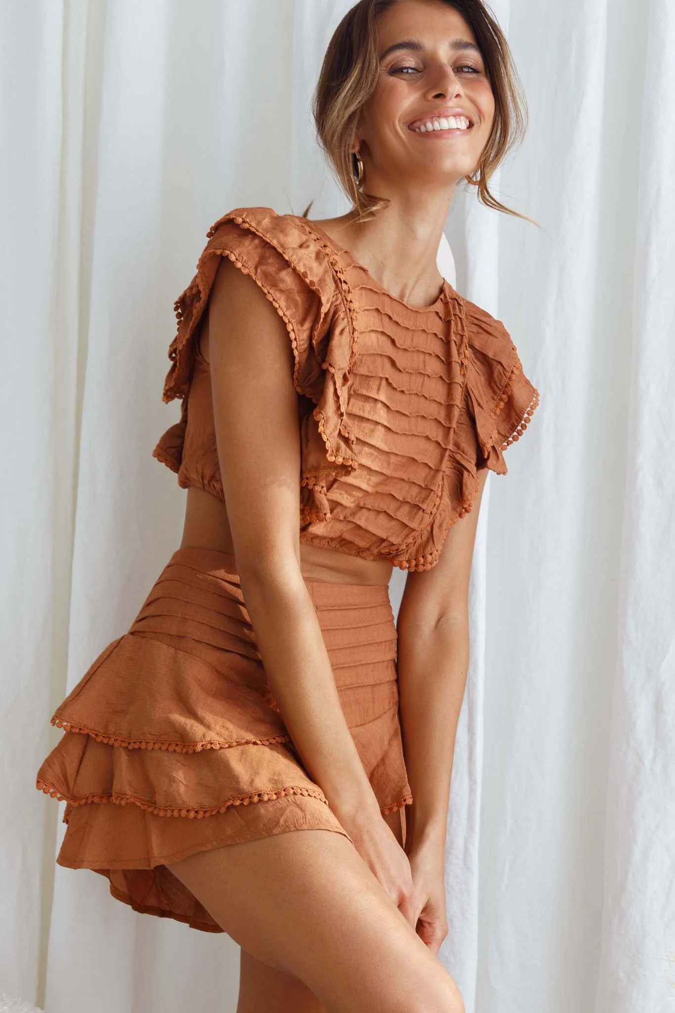 Wild And Free Pintuck Pleat And Layered Ruffle Shorts Tan