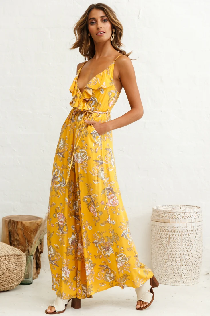 Melita Ruffle V-Neckline Jumpsuit Mustard Print