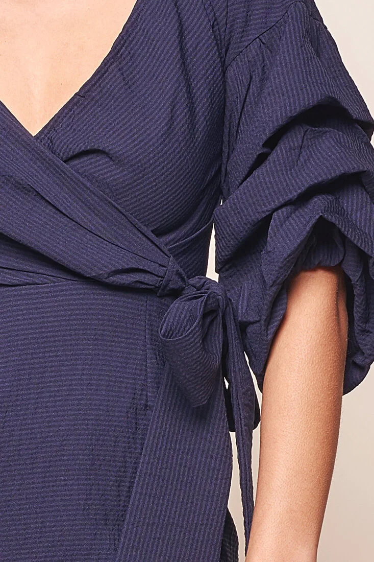 Danielle Ruched Sleeve Wrap Dress Navy
