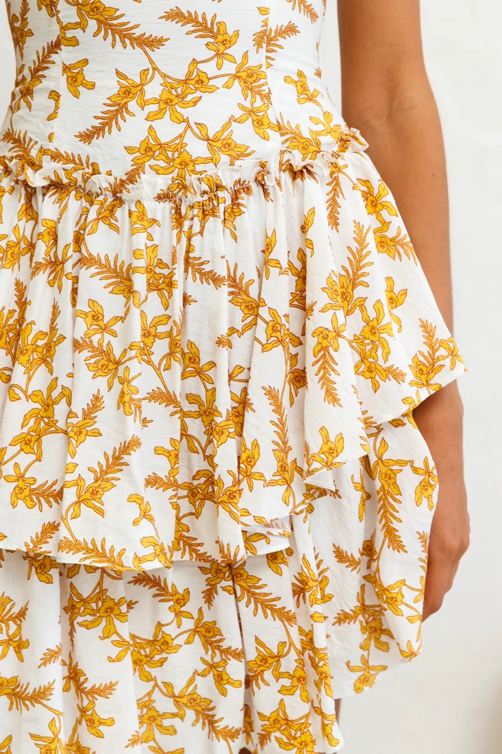 Evie Fitted Bodice Double Flounce Hem Floral Print Dress White