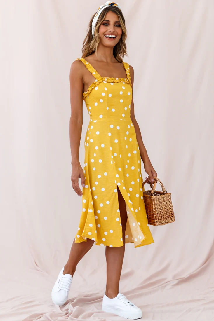Magdalene Frill Strap A-Line Midi Dress Yellow Mustard