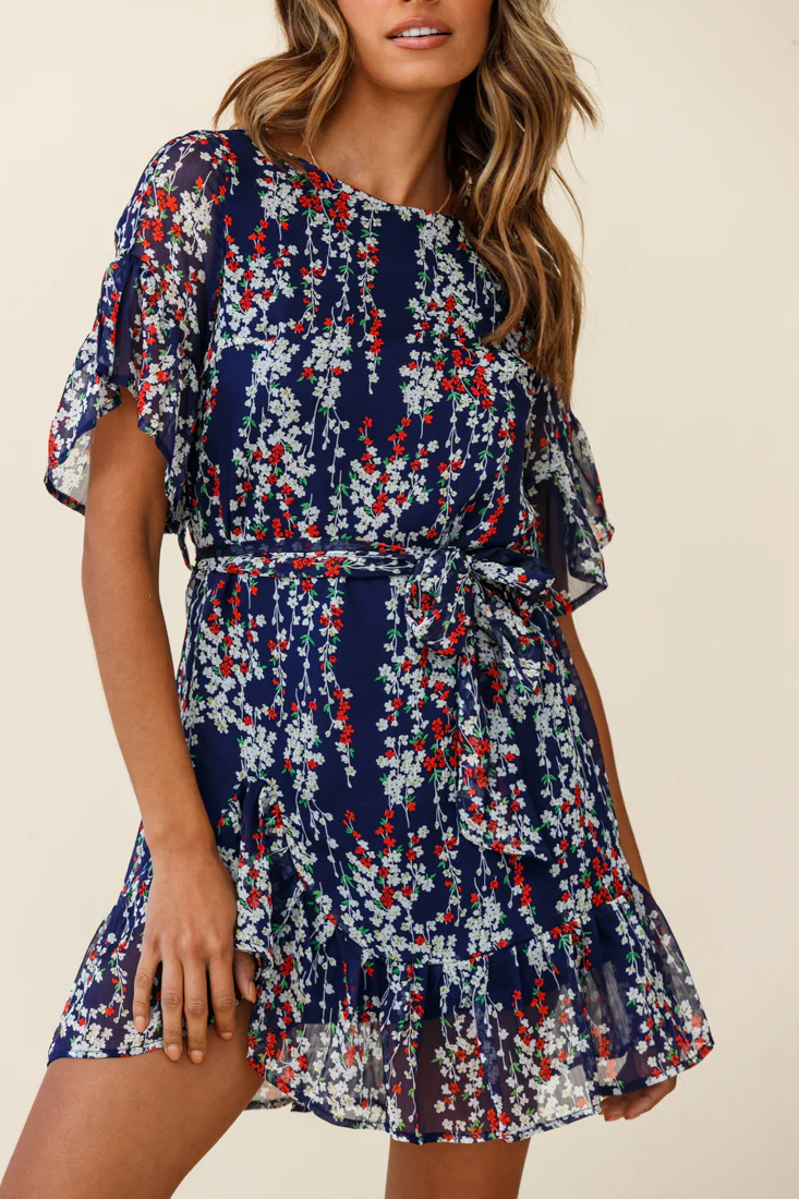 Azealia Ruffle Hem Dress Floral Print Navy