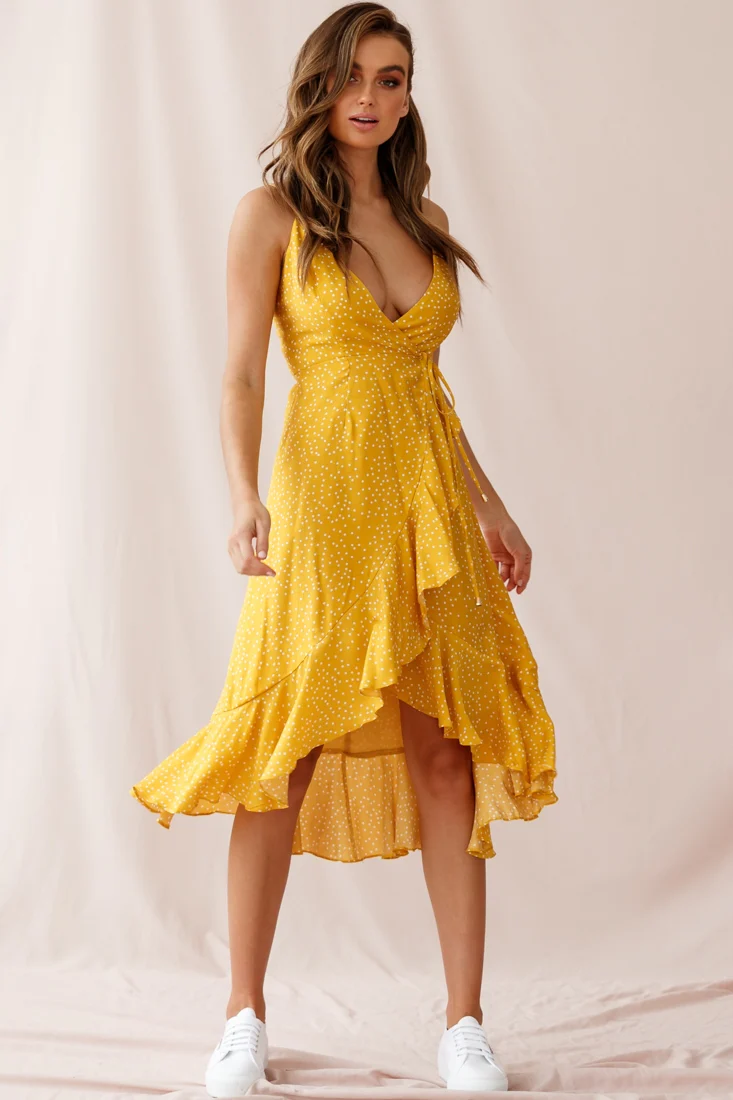 Blessed Wrap Ruffle Hem Midi Dress Dot Print Mustard