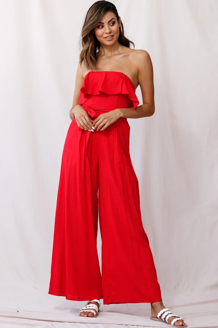 Hamilton Bandeau Ruffle Wide Leg Jumpsuit Red