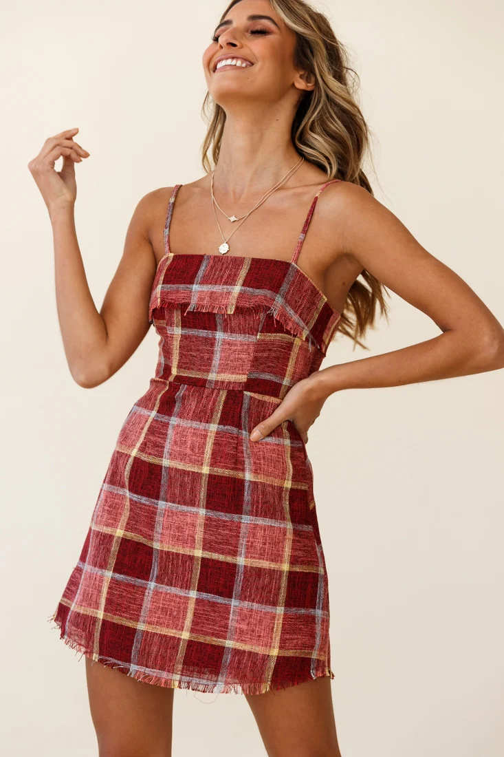 Little Miss Plaid Raw Hem Mini Dress Burgundy Multi