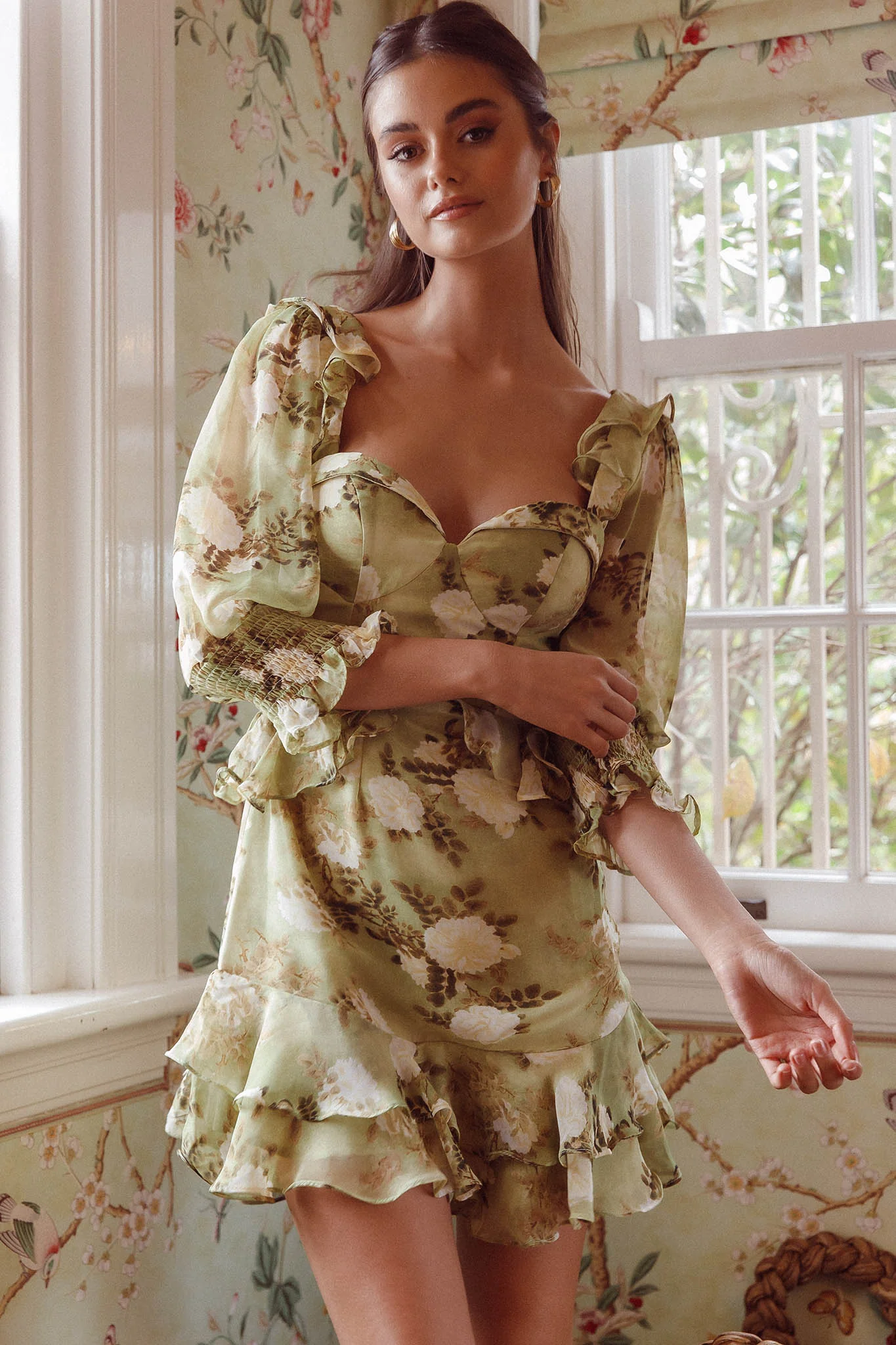 Desiree 3/4 Sleeve Sweetheart Neckline Frill Dress Floral Green