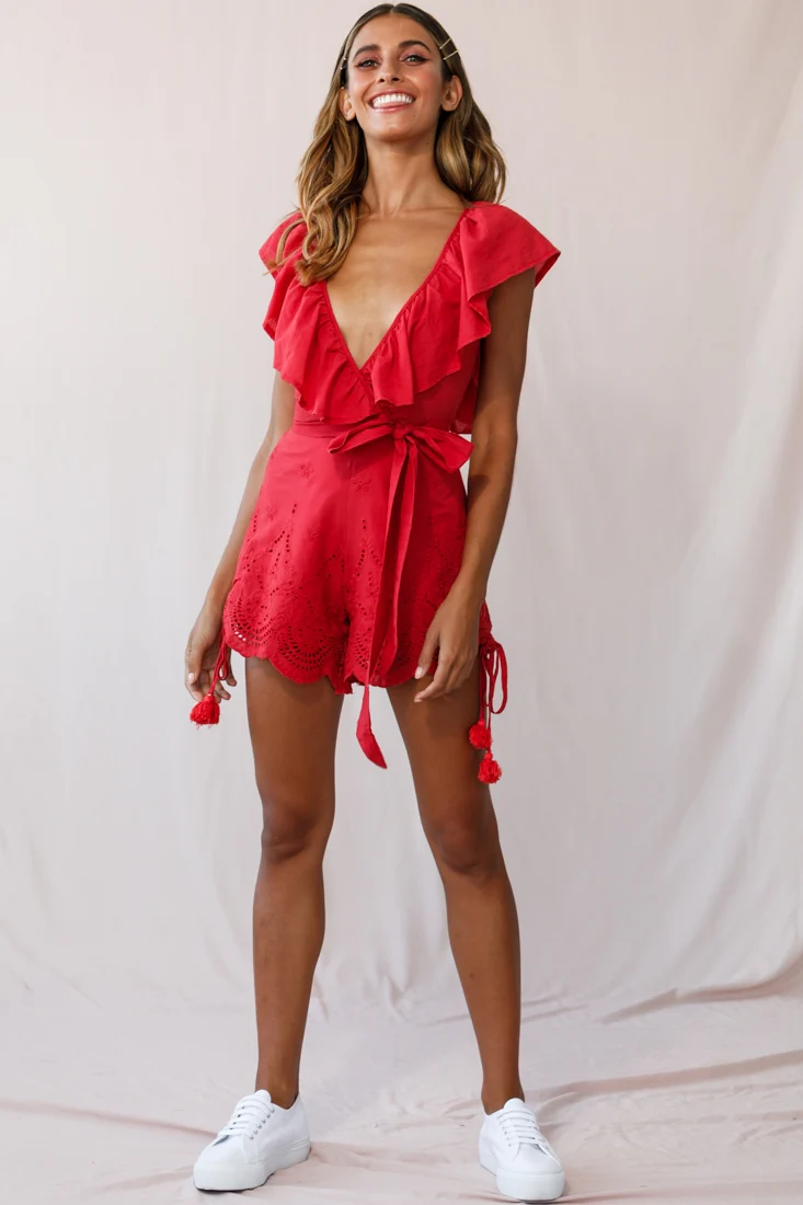 Kipper V-Neck Scalloped Romper Red