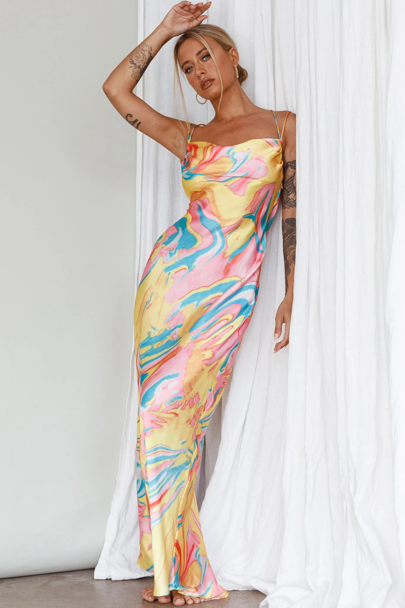 Moment With You Ruched Bust Midi Dress Swirl Yellow/Green