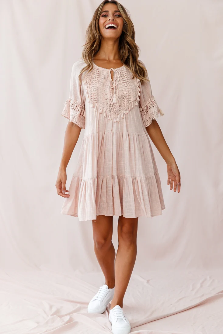 Jada Crochet and Tassel Kaftan Dress Beige