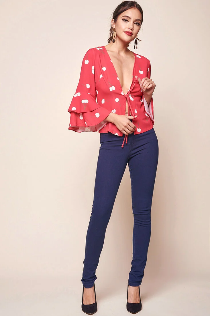Robbi Cherry on Top Deep V Bell Sleeved Top Red