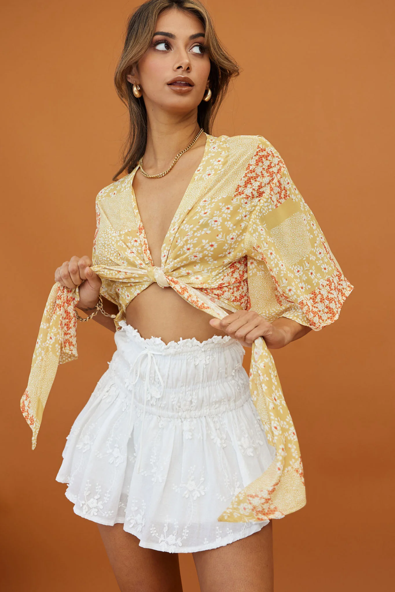 Rivera Deep-V Tie Front Crop Top Floral Square Print Yellow