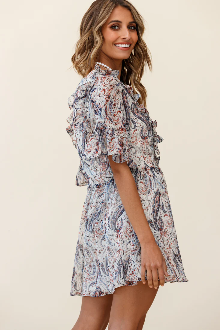 Zora Button Bodice Fluted Sleeve Dress Paisley Print Navy
