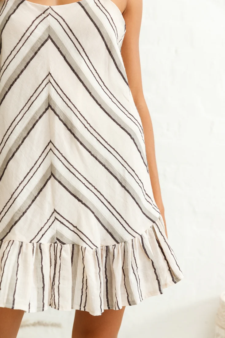 Beni Cami Strap Shift Dress Diagonal Pattern Beige