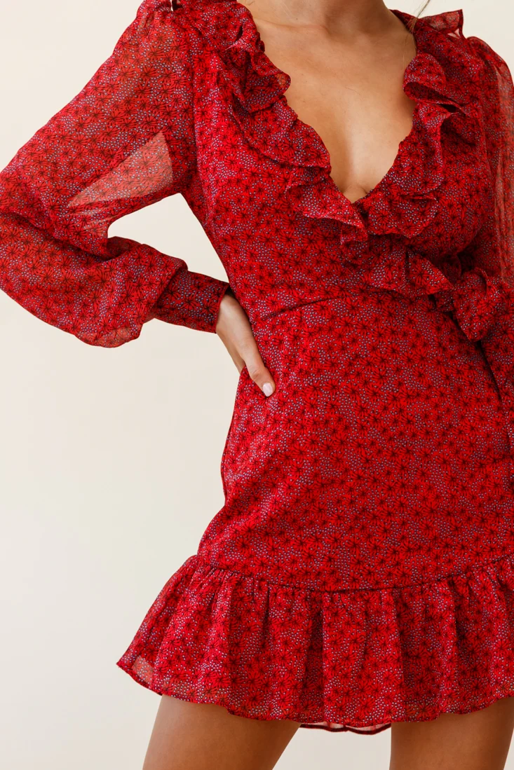 Regina Long Sleeve Ruffle Neckline Dress Flower Print Red