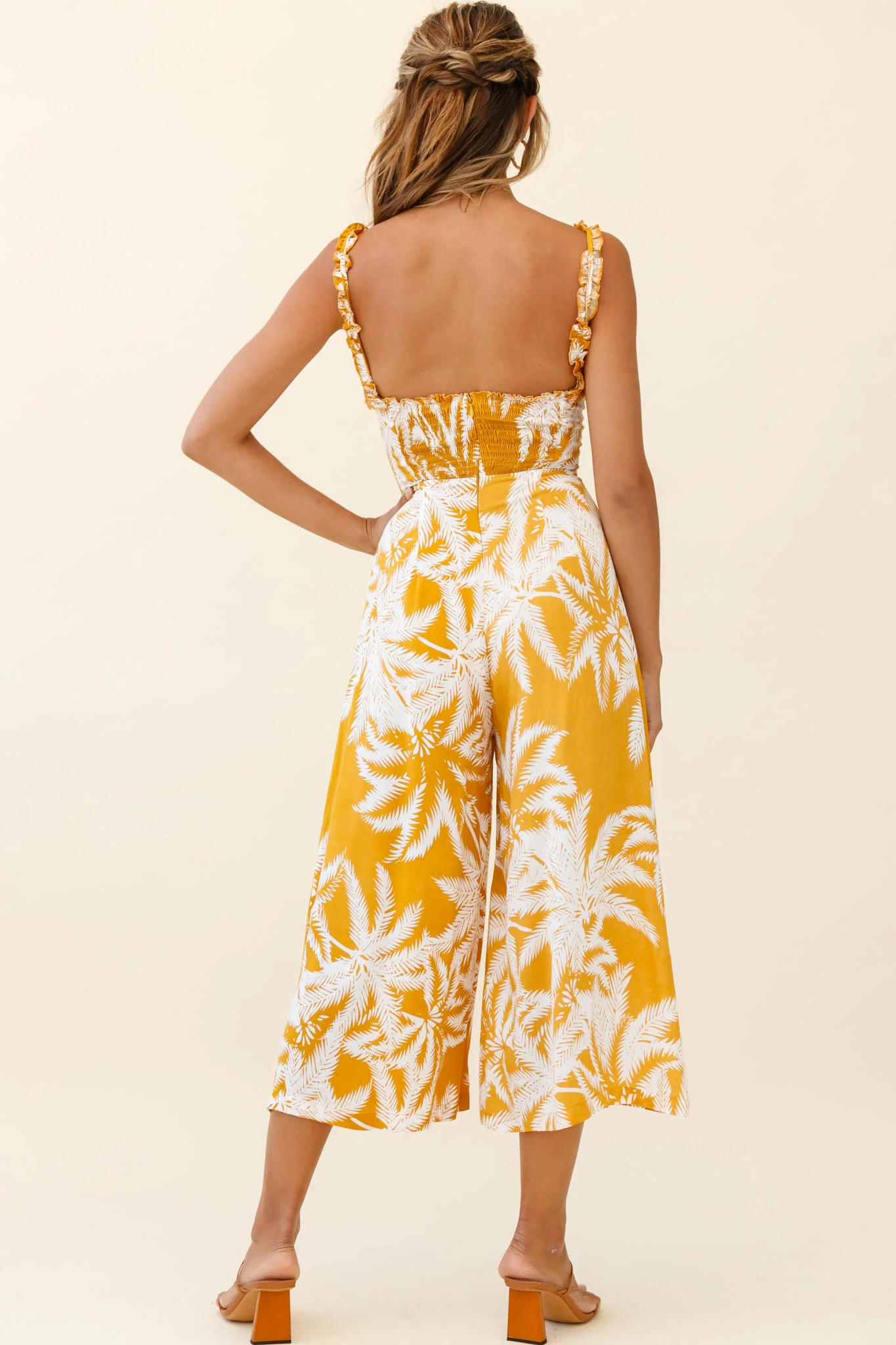 Magdalene Frill Strap Midi Jumpsuit Palm Print Yellow