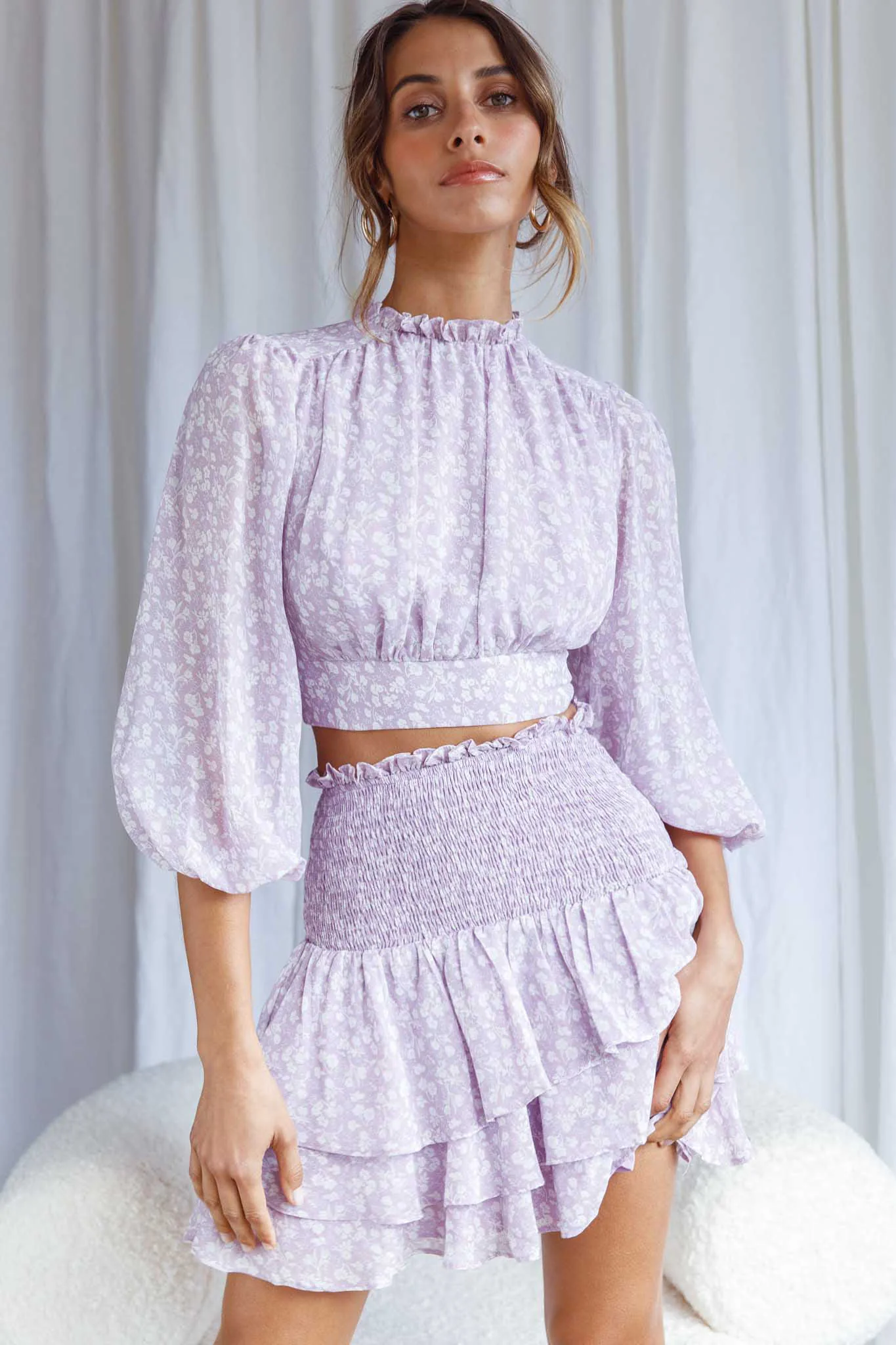 Whisked Away Balloon Sleeve Open Back Crop Top Floral Print Lilac
