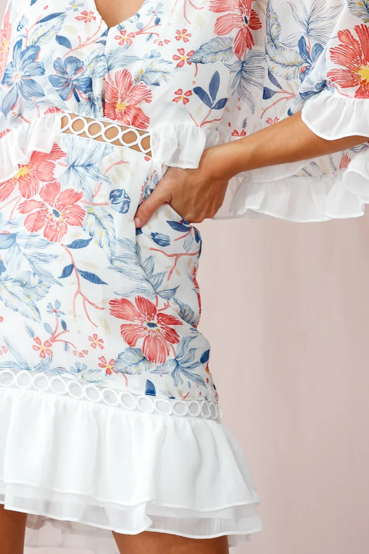 Caspar Batwing Floral Dress White